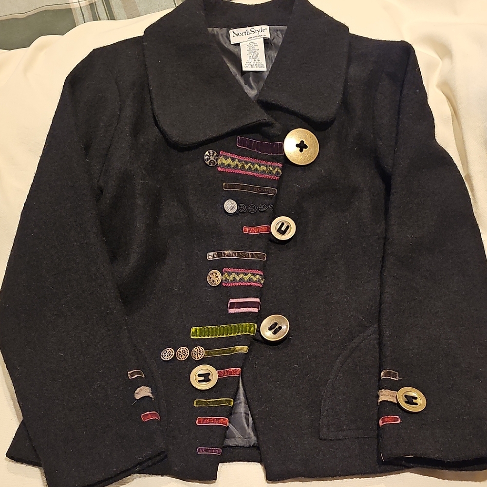 NorthStyle Womans Whimsical Black Jacket with Multicolor Details Medium